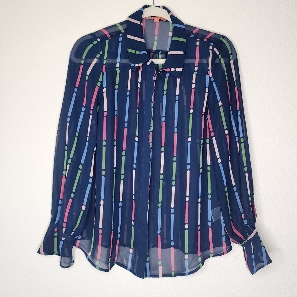 Modcloth Stripe Dot Semi Sheer Button Blouse S